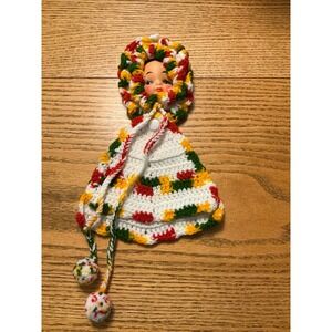 Vintage Hand crocheted Doll Face potholder, 197O's kitschy potholder wall hangin